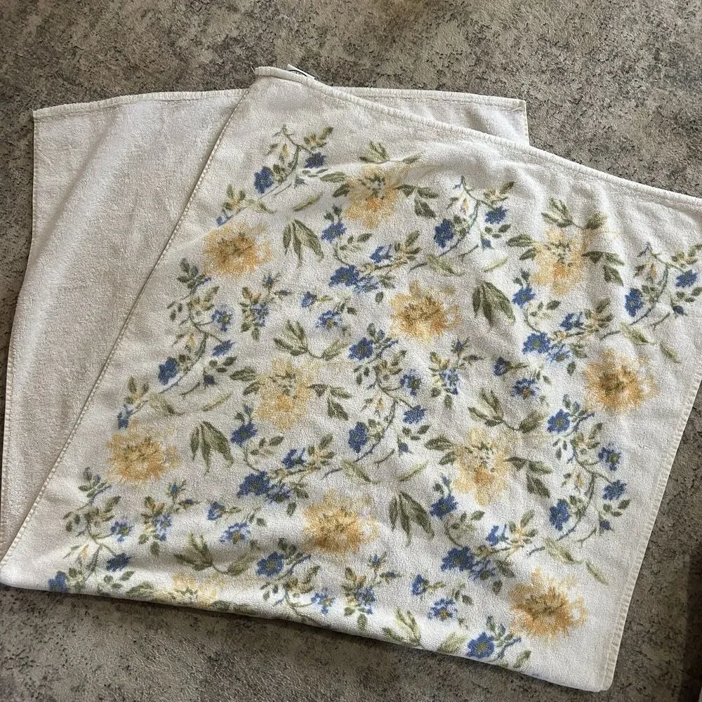 Laura Ashley Floral Bath Towel Set Of 2 Cotton White Yellow Blue Cottagecore